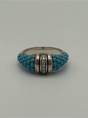 LAGOS Sterling Silver & Turquoise Ceramic, Caviar & Diamond Ring Size 7